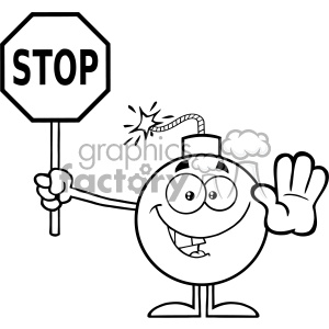 A black and white clipart illustration of a friendly cartoon bomb character holding a stop sign and waving.