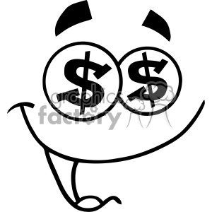 A clipart image of a smiley face with dollar sign eyes, depicting excitement for money or wealth.