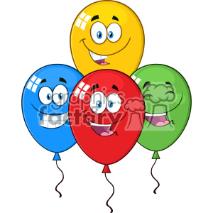4 different colored balloons in red, green, yellow and blue. They have happy expressions