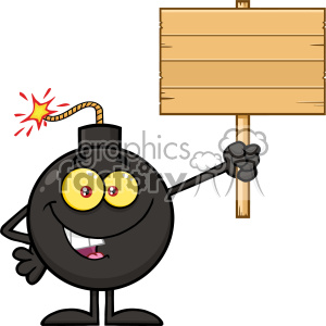A cartoon bomb character with yellow eyes and a lit fuse, smiling and holding a blank wooden sign.