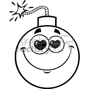 A black and white clipart image of a bomb with a happy face, smiling and having heart-shaped eyes. The bomb has a lit fuse with a sparkling effect.