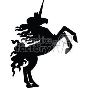Silhouette of a rearing unicorn with a flowing mane and raised front legs.