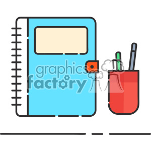 A clipart image featuring a blue notebook with a beige label and a red pencil holder containing a green pencil and a gray pen.