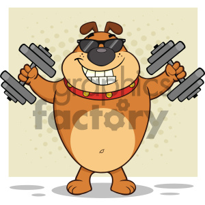   The clipart image depicts a cartoon dog standing upright and holding a dumbbell in each hand as if it