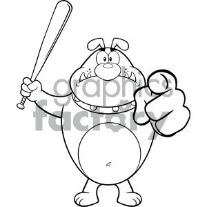 The image is a black and white outline of a cartoon dog standing upright on its hind legs, displaying an aggressive or hostile expression. The dog is holding a baseball bat in one paw and pointing forward with the other, as if challenging someone or something. It has a spiked collar, indicating a tough persona.