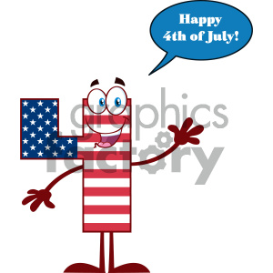 A cartoon character in the shape of the number 4, with a design featuring the American flag, waving and saying 'Happy 4th of July!'.