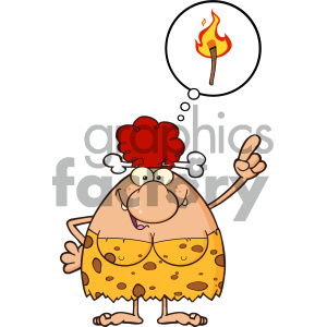 A cartoon cavewoman character with red hair and a bone in her hair, wearing a yellow spotted dress. She appears to be thinking about fire, as depicted by a thought bubble containing a lit torch.