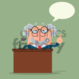 Cartoon illustration of a professor character with gray hair and glasses, standing behind a podium with a microphone, giving a lecture with a speech bubble above.