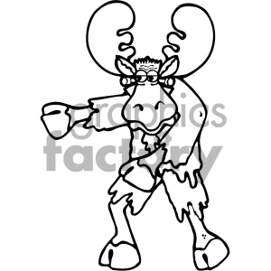 The clipart image depicts a cartoon moose characterized as a zombie. The moose stands on two legs and has exaggerated antlers, an exposed skeletal structure on portions of its body, torn clothing, and appears to have a distressed or menacing expression.