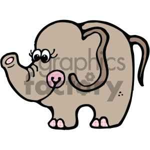   The image is a cartoon of a cute elephant. It features a simplified, stylized depiction of an elephant with prominent, cheerful features like large eyes with eyelashes, a heart-shaped pattern inside the ear, and pink checkered patterns on the bottoms of the feet and in the ear. 