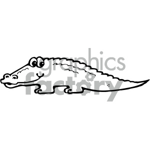 This clipart image features a simple black and white cartoon drawing of a smiling alligator. The alligator has prominent eyes, a long snout, and a ridged back, with a cheerful expression.