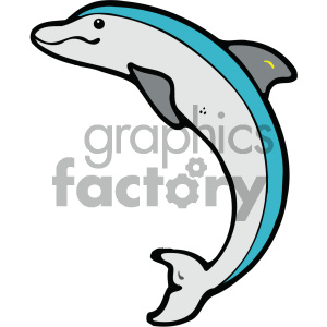 The clipart image shows a stylized illustration of a dolphin. The dolphin is colored in shades of grey with a blue stripe running along its side and has a small yellow detail near its eye.