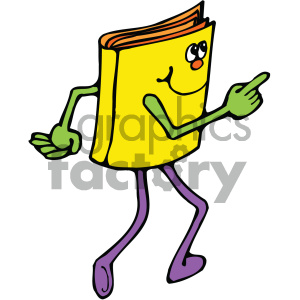 A playful clipart image of a yellow book character with arms and legs, walking and smiling.