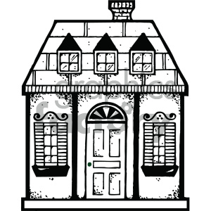 A black and white clipart image of a house with a gabled roof, three windows in the roof, a front door with an arched window, and two windows with shutters on either side of the door.