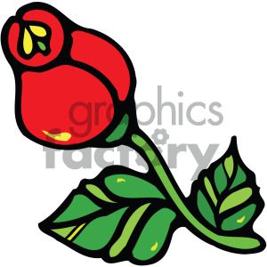 A clipart image of a red rose flower with green leaves.