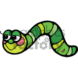 A colorful cartoon image of a green and yellow caterpillar with a cheerful facial expression.