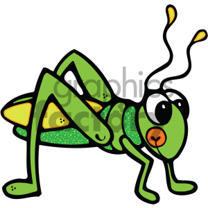 A colorful and whimsical clipart image of a grasshopper characterized by its large eyes, green and yellow body, and exaggerated features.