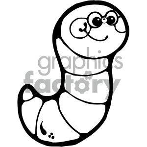 A black and white clipart image of a smiling worm with large round eyes and a segmented body.