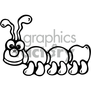 A black and white clipart image of a smiling cartoon caterpillar with large, playful eyes and antennae.