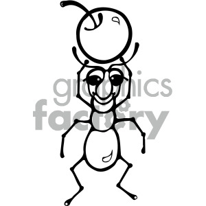 A black and white cartoon clipart of a smiling ant carrying a large cherry on its head.