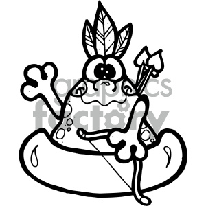 A whimsical cartoon character with large eyes, wearing a leafy headdress and holding arrows, seated in a canoe.