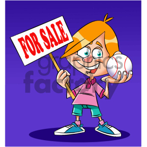 Cartoon Boy Holding 'For Sale' Sign and Baseball