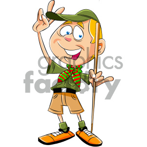 A cheerful cartoon boy wearing a scout uniform, consisting of a green hat, green shirt, red and green striped scarf, beige shorts, and orange shoes. He is holding a stick in one hand and making a peace sign with the other.