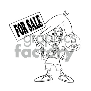 Black and white cartoon kid holding a baseball for sale