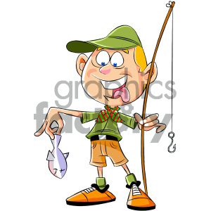 A cheerful cartoon boy wearing a green hat, green shirt, and orange shoes, holding a fishing rod in one hand and a small fish in the other hand.