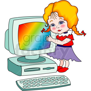   In the clipart image, there is a cartoon of a young girl with orange hair fashioned in pigtails, standing next to an old style CRT computer monitor which is displaying bright colors. She is wearing a red shirt with a white collar, a purple skirt, and red shoes. The girl appears to be hugging or leaning affectionately against the monitor. In front of the monitor is a keyboard, and below it is the computer