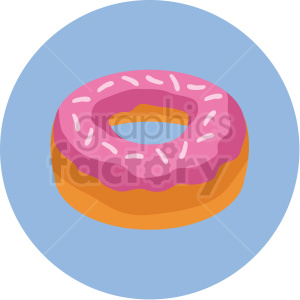 Colorful clipart of a donut with pink frosting and sprinkles on a blue background.