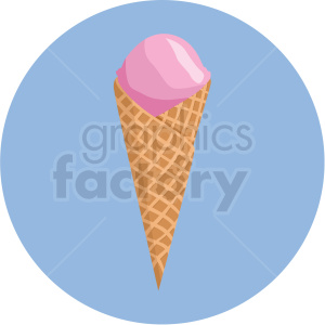 A pink ice cream scoop in a waffle cone against a blue background.