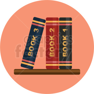 An illustration of a bookshelf with three vertical books labeled 'Book 1', 'Book 2', and 'Book 3' on a wooden shelf against an orange circular background.