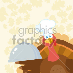 Turkey Chef Cartoon Mascot Character Peeking From A Corner And Holding A Cloche Platter Vector Illustration Flat Design Over Background With Autumn Leaves
