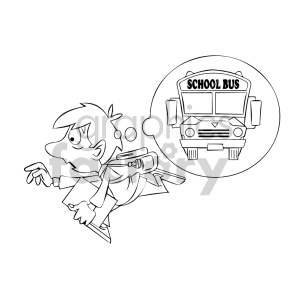 The image depicts a black and white line drawing of a cartoon boy, presumably a student, who appears to be running late. He is in motion, with a backpack slung over one shoulder and papers flying out of it. The boy looks concerned and is glancing back at a thought bubble that contains a school bus marked with the words SCHOOL BUS. This suggests that he is worried about missing his bus to school.