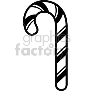 Black and white clipart of a traditional Christmas candy cane with striped patterns.