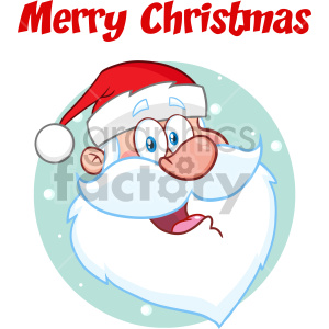 Cartoon image of Santa Claus's face with a red hat and white beard, surrounded by a snowy background with 'Merry Christmas' text above.