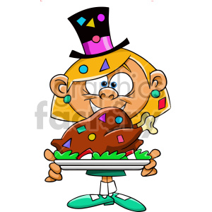 A cheerful cartoon girl dressed in a colorful hat and earrings, holding a platter with a decorated roasted turkey, representing a festive Christmas dinner scene.