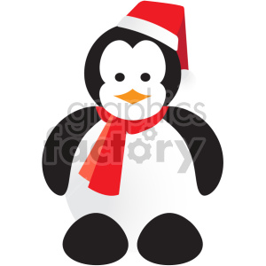 A cute cartoon penguin wearing a red Santa hat and scarf, symbolizing Christmas.