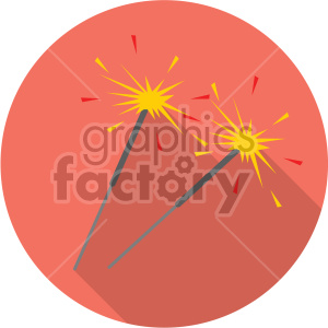 Clipart image of two sparklers with bright yellow and red sparks on an orange circular background.