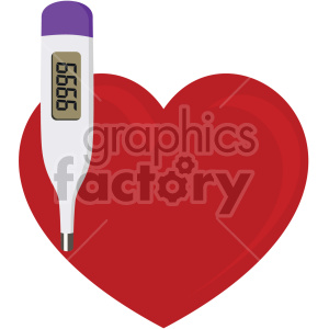 A digital thermometer displaying a high temperature next to a large red heart, symbolizing hot love or Valentine's passion.