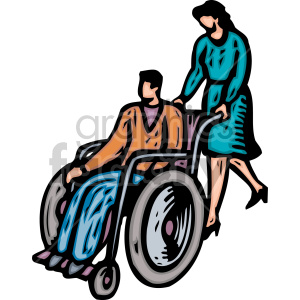 A clipart image showing a woman assisting a person in a wheelchair.