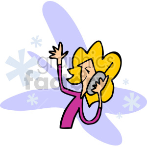 A colorful clipart image of a woman with blonde hair, animatedly talking on a phone. The background features abstract blue shapes.