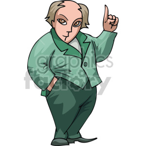 Cartoon image of a man with glasses in a suit, gesturing with one hand raised.