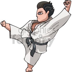 Clipart of a person performing a high side kick in a martial arts pose, wearing a traditional karate gi with a black belt.