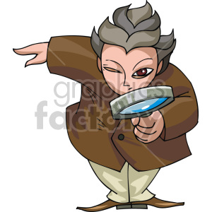 Cartoon scientist looking intently through a magnifying glass with a curious expression.