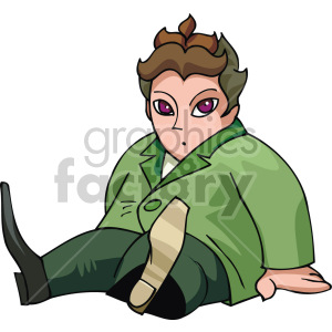 Clipart of a tired child sitting, wearing a green jacket and dark pants.