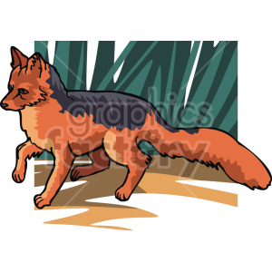   This clipart image shows a wild fox coming out of long grass. It has a brown-orange fur color, with a dark gray stripe across the top of its body 