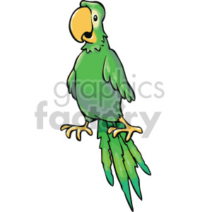 A cheerful green parrot illustration with a yellow beak and vibrant feathers, representing a tropical bird.