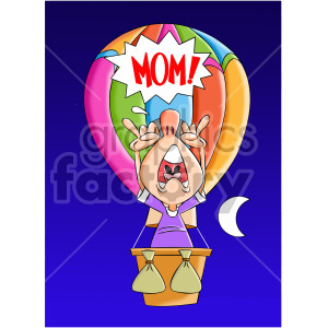 A colorful, cartoon-style clipart image of a person in a hot air balloon with a speech bubble saying 'MOM!' against a dark blue sky with a crescent moon.